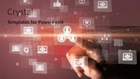  Presentation with application - Theme featuring hand-pressing-social-media-multimedia background and a violet colored foreground