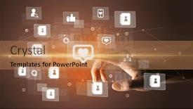  Presentation with application - Presentation theme consisting of hand-pressing-social-media-multimedia background and a coral colored foreground