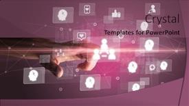  Presentation with multimedia - Theme enhanced with hand-pressing-social-media-multimedia background and a violet colored foreground