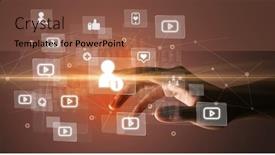  Presentation with multimedia - Presentation theme with hand-pressing-social-media-multimedia background and a coral colored foreground