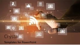  Presentation with multimedia - Presentation theme with hand-pressing-social-media-multimedia background and a coral colored foreground