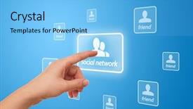  Presentation with social - Audience pleasing theme consisting of hand pressing social network icon backdrop and a light blue colored foreground