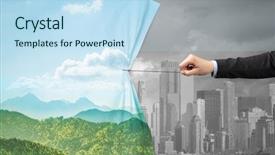  Presentation with green curtain - PPT layouts with hand pulling green cityscape curtain background and a  colored foreground