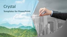 Presentation with green curtain - Presentation theme consisting of hand pulling green cityscape curtain background and a  colored foreground