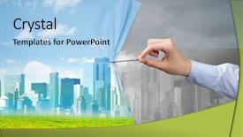  Presentation with green curtain - Cool new slides with hand pulling green cityscape curtain backdrop and a  colored foreground