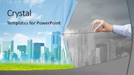  Presentation with green curtain - Colorful presentation theme enhanced with hand pulling green cityscape curtain backdrop and a  colored foreground