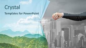  Presentation with green curtain - Colorful PPT layouts enhanced with hand pulling green cityscape curtain backdrop and a  colored foreground