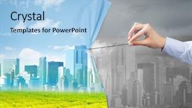  Presentation with green curtain - Slide set featuring hand pulling green cityscape curtain background and a  colored foreground