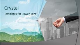  Presentation with green curtain - Cool new presentation design with hand pulling green cityscape curtain backdrop and a  colored foreground