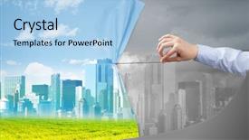  Presentation with green curtain - Slide deck enhanced with hand pulling green cityscape curtain background and a light blue colored foreground