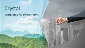  Presentation with green curtain - Slide set having hand pulling green cityscape curtain background and a sky blue colored foreground