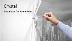  Presentation with green curtain - Presentation design with hand pulling green cityscape curtain background and a light gray colored foreground