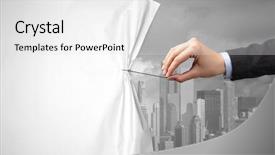  Presentation with green curtain - Audience pleasing presentation design consisting of hand pulling green cityscape curtain backdrop and a white colored foreground