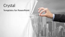  Presentation with green curtain - Slides featuring hand pulling green cityscape curtain background and a white colored foreground