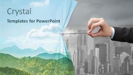  Presentation with green curtain - PPT theme consisting of hand pulling green cityscape curtain to gray cityscape environmental protection concept background and a sky blue colored foreground