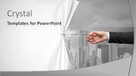  Presentation with green curtain - Colorful PPT theme enhanced with hand pulling green cityscape curtain to gray cityscape environmental protection concept backdrop and a white colored foreground