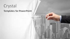  Presentation with green curtain - Cool new slide set with hand pulling green cityscape curtain to gray cityscape environmental protection concept backdrop and a white colored foreground