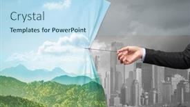  Presentation with green curtain - Cool new PPT theme with hand pulling green cityscape curtain to gray cityscape environmental protection concept backdrop and a sky blue colored foreground