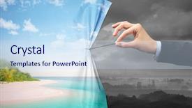  Presentation with green curtain - Presentation consisting of hand pulling green landscape curtain background and a sky blue colored foreground