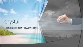  Presentation with green curtain - Beautiful presentation theme featuring hand pulling green landscape curtain backdrop and a sky blue colored foreground