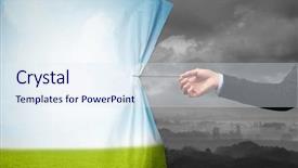  Presentation with green curtain - Amazing slide deck having hand pulling green landscape curtain backdrop and a sky blue colored foreground