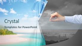  Presentation with green curtain - Audience pleasing slide deck consisting of hand pulling green landscape curtain backdrop and a sky blue colored foreground