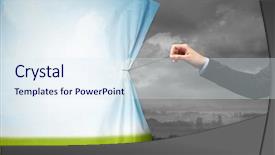  Presentation with green curtain - Colorful presentation theme enhanced with hand pulling green landscape curtain backdrop and a sky blue colored foreground