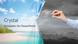  Presentation with green curtain - PPT theme enhanced with hand pulling green landscape curtain background and a sky blue colored foreground