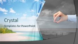  Presentation with green curtain - Audience pleasing PPT layouts consisting of hand pulling green landscape curtain backdrop and a sky blue colored foreground