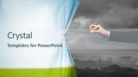  Presentation with green curtain - Amazing slide deck having hand pulling green landscape curtain backdrop and a sky blue colored foreground