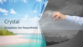  Presentation with green curtain - Colorful presentation theme enhanced with hand pulling green landscape curtain backdrop and a sky blue colored foreground