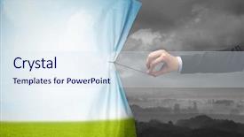  Presentation with green curtain - Amazing PPT theme having curtain to gray landscape environment backdrop and a sky blue colored foreground