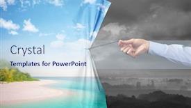  Presentation with green curtain - Audience pleasing slide deck consisting of hand pulling green landscape curtain to gray landscape environmental protection concept backdrop and a sky blue colored foreground