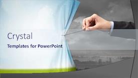  Presentation with green curtain - Slide deck having hand pulling green landscape curtain to gray landscape environmental protection concept background and a sky blue colored foreground