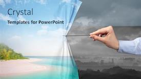  Presentation with green curtain - Audience pleasing presentation design consisting of hand pulling green landscape curtain to gray landscape environmental protection concept backdrop and a light blue colored foreground