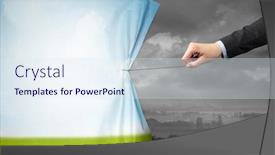  Presentation with green curtain - Audience pleasing presentation design consisting of hand pulling green landscape curtain to gray landscape environmental protection concept backdrop and a sky blue colored foreground
