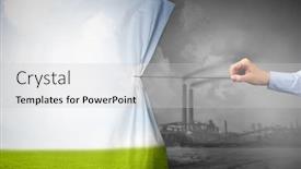  Presentation with curtain - PPT theme consisting of hand pulling nature cityscape curtain to gray cityscape environmental protection concept background and a light gray colored foreground