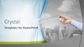  Presentation with curtain - Colorful presentation enhanced with hand pulling nature cityscape curtain to gray cityscape environmental protection concept backdrop and a sky blue colored foreground