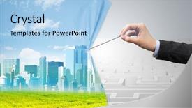  Presentation with curtain - Presentation design with hand pulling paper curtain changing background and a light blue colored foreground