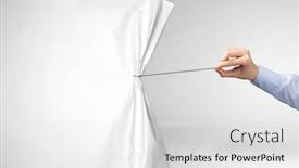  Presentation with curtain - Slide deck with hand pulling white paper curtain changing scene concept background and a light gray colored foreground