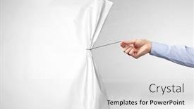  Presentation with curtain - PPT theme consisting of hand-pulling-white-paper-curtain background and a light gray colored foreground