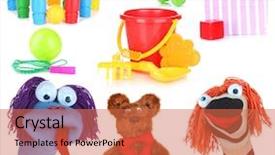  Presentation with children - Slide set with hand puppet - collage of children toys isolated background and a red colored foreground