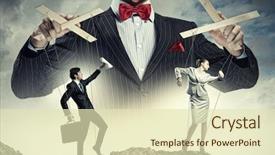  Presentation with leadership - Slides having hand puppet - image of young businessman puppeteer background and a soft green colored foreground