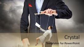  Presentation with leadership - PPT theme with hand puppet - image of young businessman puppeteer background and a  colored foreground