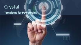  Presentation with touch screen - PPT theme with hand-pushing-a-button background and a ocean colored foreground