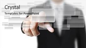  Presentation with touch screen - PPT theme enhanced with hand pushing on a touch screen interface background and a white colored foreground