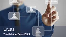  Presentation with artificial neural network structure fragment - Colorful presentation theme enhanced with hand pushing social network structure backdrop and a  colored foreground