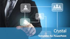  Presentation with artificial neural network structure fragment - Slide set consisting of hand pushing social network structure background and a  colored foreground