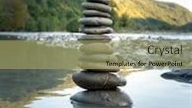  Presentation with harmony - Audience pleasing slide deck consisting of hand put rocks stack on the coast of mountain river concept of balance and harmony backdrop and a mint green colored foreground