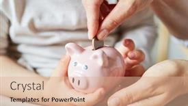  Presentation with piggy bank - PPT theme having hand-puts-a-coin background and a coral colored foreground